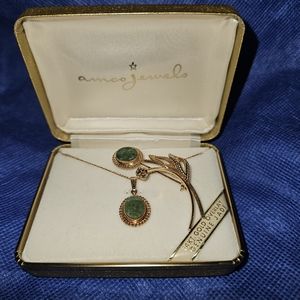 Real Vintage Amco Jewels Jade Necklace and Brooch 14k Gold Overlay